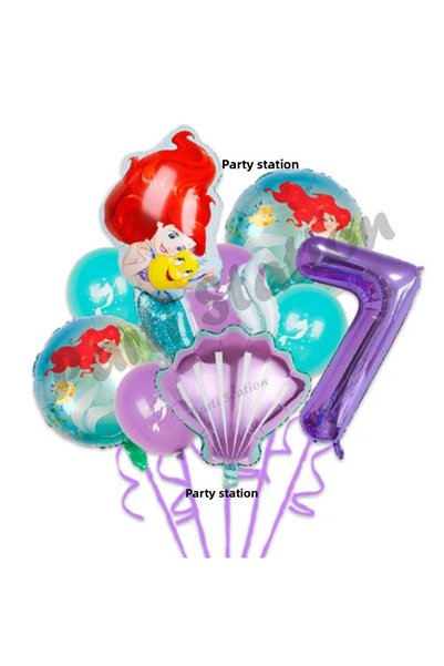 Parti Station مجموعة بالونات حورية البحر الصغيرة أرييل بعمر 7 سنوات، مجموعة ب...