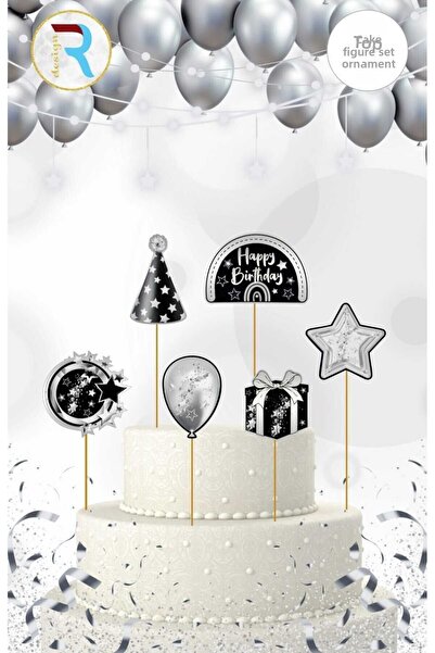 Cadde Süs Set de ornamente pentru tort cu tematică neagră argintie