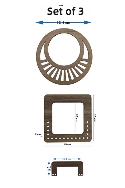 şamaksesuar Set of 3 Wooden Bags - Handle (3 Pairs), 6 Pieces, Brown & Rosary