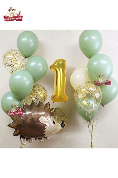 Bkmc Set de aniversare foliat cu arici de 1 an, verde mucegai, alb