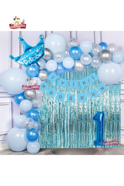 Bkmc Blue Silver Concept Σετ αλυσίδας με μπαλόνι γενεθλίων 1 έτους Prince Crown