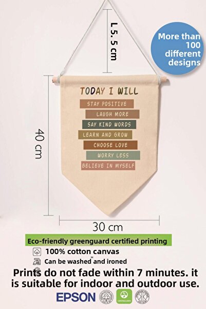 Postifull Children's Room Decor, Wall Ornament, Wooden Baby Room Decor, Canvas Pennant, Today I Will - Motive - Pastel
