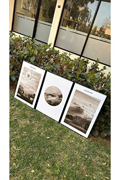 Linacci Triple Black Aluminum Metal Framed Mountains Sky Motto Glass Painting Set