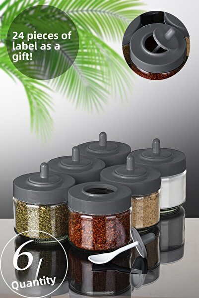 Porsima طقم وعاء توابل سمين مكون من 6 قطع مع ملعقة وملصق أنثراسايت 300 مل