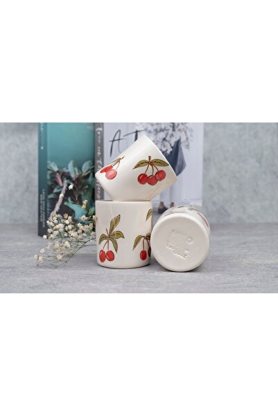 Melouro Set of 3 Cherry Handmade Ceramic Cups with Handles, Mug
