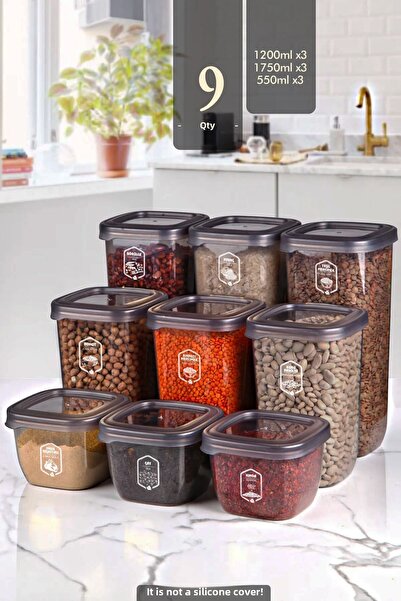 Kitchen Life Set of 9 Square Square Food Storage Container with Label X3(550ML-1200ML-1750ML) Jar with Hard Lid