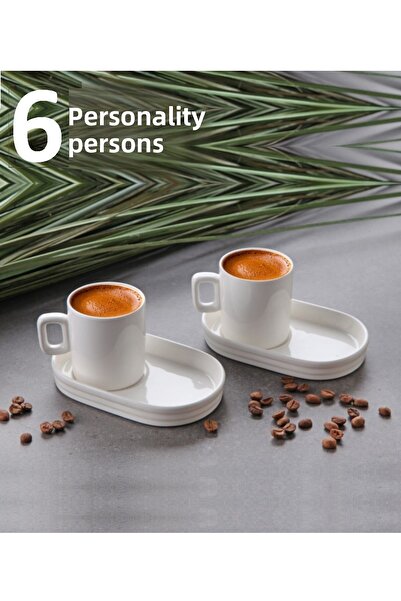 Pinkev طقم فناجين قهوة تركية من البورسلين العادي مكون من 6 قطع مع حامل عرض بيضاوي