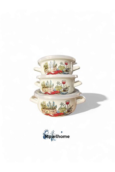 Emparlahome Enamel 3-Piece Cooking and Storage Pot Set (12Cm-14Cm-16Cm) Red Patterned