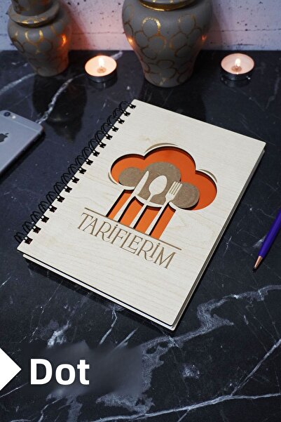 markcat Kitchen Themed 120 Page A5 Notebook - Recipe Agenda with Wooden Cover and Dots