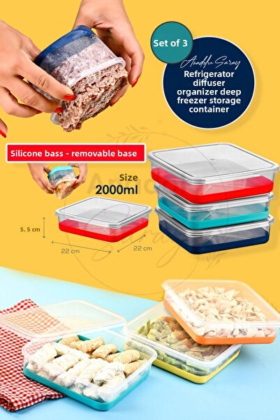 Anadolu Saray 3 Pcs 2000ml Silicone Based Press Release Refrigerator Freeze Deep Freezer Organizer Storage Container