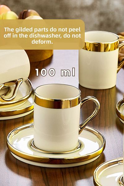 GRİMOR Life 6-Person Gold Gilded Porcelain Cup Set - 12 Piece Turkish Coffee Set, 100ml Coffee Cup