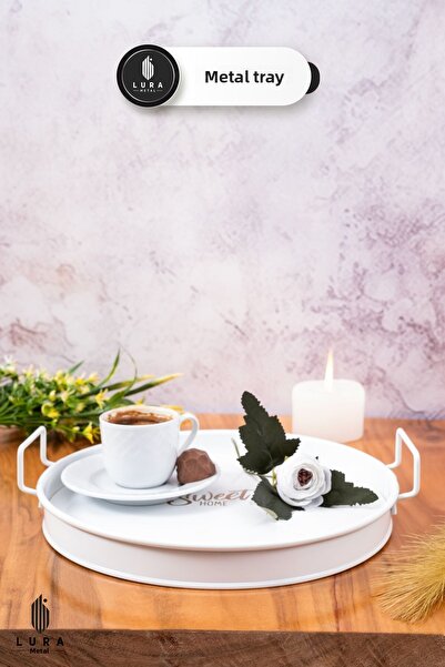 Skygo صينية شاي معدنية مطبوعة من White Swet Home مقاس 25 سم - تصميم أنيق وعصري