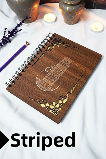 markcat Pizza Tower Wooden Cover Spiral Notebook - Lined Notebook - 60 Sheets (120 Pages) - A5 15X21 cm