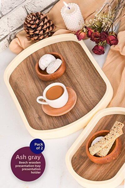 Anadolu Saray Set of 2 Oval Wooden Dark Beech Decorative Presentation Tray Bathroom Organizer Decorative Presentation Tray