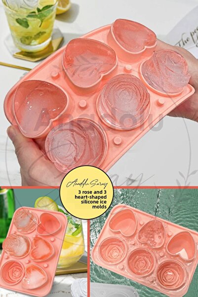Anadolu Saray 2 Pcs Practical Silicone 3 Hearts 3 Rose Shaped Ice Mold |   Rose and Heart Shaped Chocolate Ice Mold