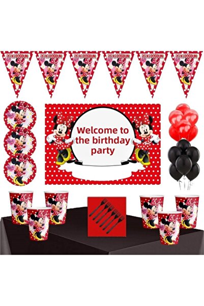Minnie Mouse مجموعة حفلات أعياد الميلاد ذات الطابع الأحمر لـ 8 أشخاص مقاس 70 × 100 سم مع لافتات
