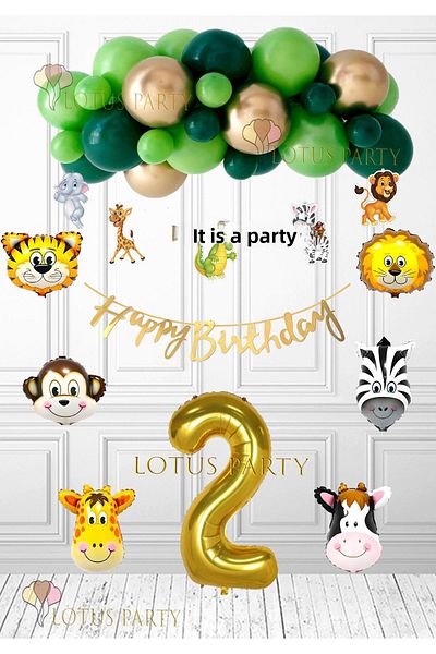 LOTUS PARTY Safari Birthday Concept - 6-Piece Safari Balloon - 5-Piece Safari Banner - Gold Happy - Age 2