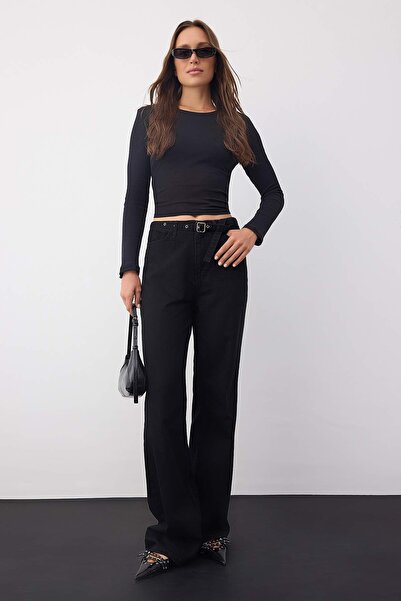 Trendyol Collection Wardrobe Essentials Black High Waist Bird Eye Detailed Belted Wide Leg Palazzo Jeans Twoaw26Je00098