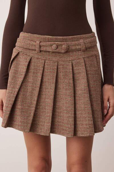 Trendyol Collection Καφέ καρό/καρό πλισέ υφαντό κασετίνι μίνι φούστα TWOAW26ET00014