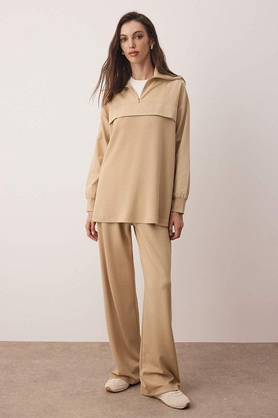 Trendyol Modest Beige Oversize Silky Interlock Plain Knitted Woven Fabric Tctaw26En00000