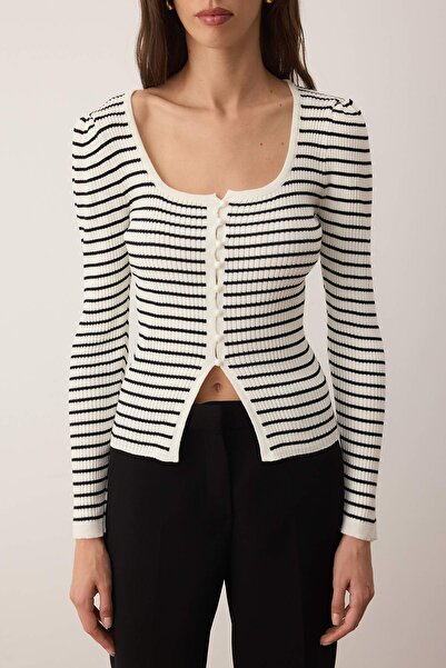 Trendyol Collection Ecru Striped Square Neck Knitwear Body Sweater Twoaw26Kz00136