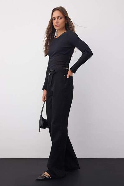 Trendyol Collection Wardrobe Essentials Black High Waist Bird Eye Detailed Belted Wide Leg Palazzo Jeans Twoaw26Je00098