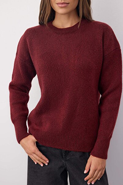 Trendyol Collection Wardrobe Essentials Pulover din tricot cu model larg, din lână burgundă, din fire premium | TWOAW26KZ00065