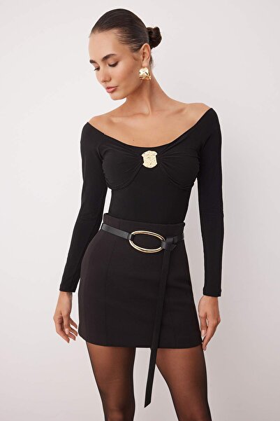 Trendyol Collection Body de Crăciun pentru petrecere din material subțire cu accesorii din aur negru TPRAW26BD00017