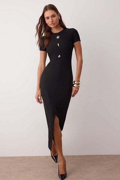 Trendyol Collection Black Button Detail Ottoman Body Fitting Stand Collar Straight Midi Knitted Dress Twoaw26El00197