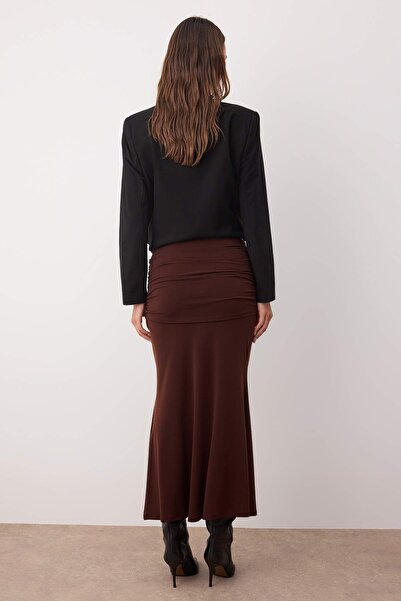 Trendyol Collection Brown Gathered/Drape Detailed Maxi Stretchy Knitted Skirt Twoaw26Et00066