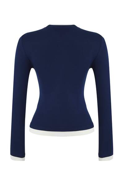 Trendyol Collection Navy Blue Color Block Fitted/Slim Fit Viscose/Soft Fabric Stretch Knitted Blouse Twoaw25Bz00114