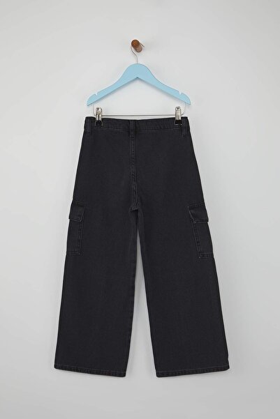 TRENDYOLKIDS Blugi negri 100% bumbac, cu buzunar cargo, elastic, ajustabil, pentru fete, TKDAW26JE00004