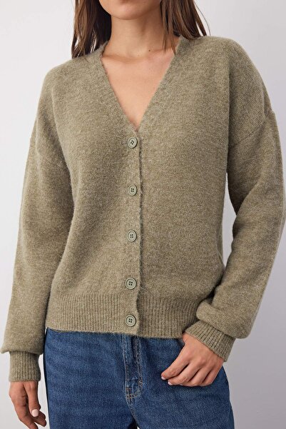 Trendyol Collection Wardrobe Essentials Oil Green Wool Wide Fit V Neck Knitwear Cardigan |   Twoaw26Hi000830