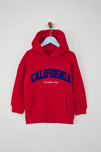 TRENDYOLKIDS Hanorac roșu unisex pentru copii din bumbac cu slogan imprimat cu glugă tricotată obișnuită TKDAW26SW00025