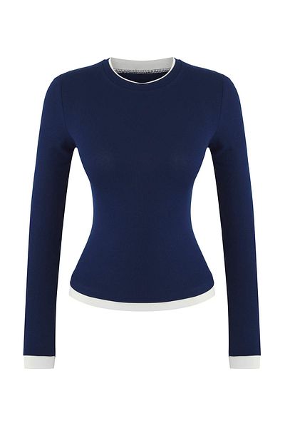 Trendyol Collection Navy Blue Color Block Fitted/Slim Fit Viscose/Soft Fabric Stretch Knitted Blouse Twoaw25Bz00114
