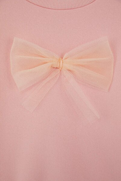 TRENDYOLKIDS Πλεκτό φούτερ για κορίτσια με φιόγκο από βαμβακερή πούδρα, χοντρό/με φλις εσωτερικά, oversize TKDAW26SW00026