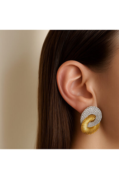 ZENA ACCESSORİES Özel Seri Kıvrım Detaylı Yelpaze Model Çelik Küpe