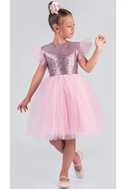 Mnk Baby&Kids Rochie KPL pentru fete din tul MNK0526 ROZ ÎNCHIS