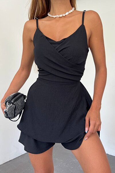 WOMAN VISION Black Aerobin Fabric - Double Breasted Collar and Flounce Strap Jumpsuit 7034