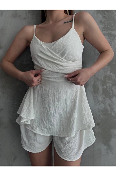 vuvutasarım White Aerobin Fabric Degaje Collar Skirt Flounces Design Strappy Jumpsuit 7034