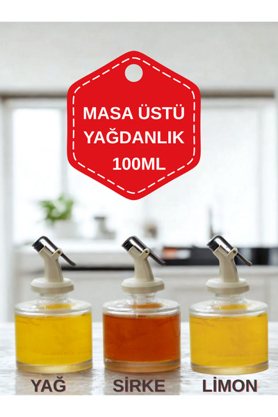 junibeliw 3lü Set Cam Silindir Sofra Üzeri Yağdanlık 100ml Sirke Limon Yağ Şi...