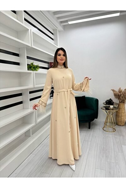 White Corner 3188 KOL UCU TÜY VE TAŞ DETAYLI ELBİSE