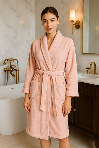 LaraLisa Collection Şal Yaka Çift Cepli %100 Pamuk Pembe Kadın Banyo Bornozu ...