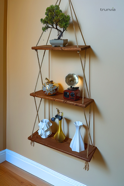 trunvia Ahşap Dekoratif 3'lü Raf Seti, İpli Raf Seti