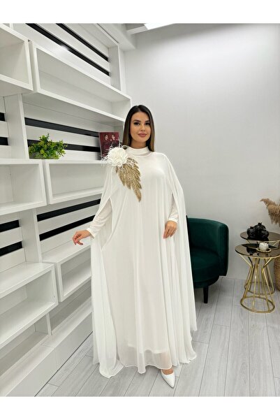 White Corner 3185 YAKA EL İŞİ İŞLEMELİ ÇİÇEK DETAYLI TASARIM ELBİSE