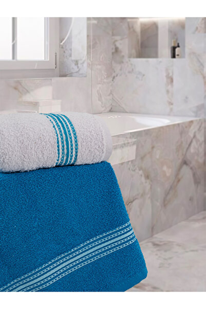 Acacia 4'lü Pamuk Banyo - El Havlusu Seti Elvin 70x140cm X2 / 50x90cm X2 Turkuvaz Beyaz