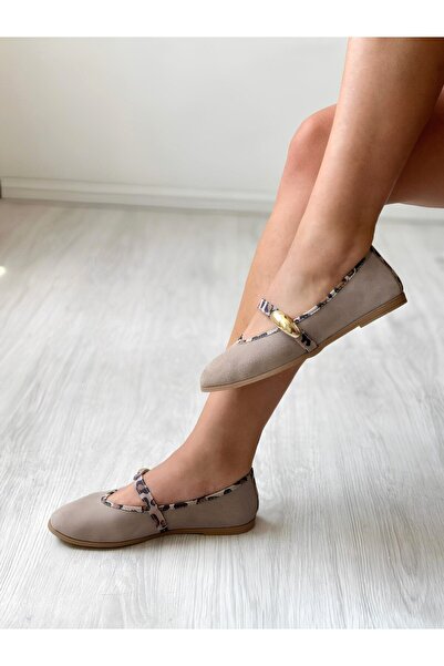 ND Shoes Hakiki Deri Süet Tokalı Leopar Detaylı Kadın Babet