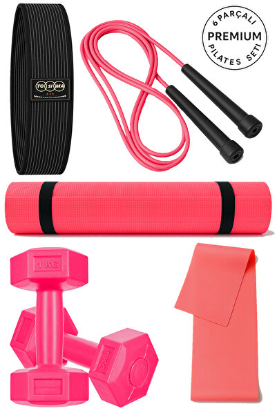 Tosima 6 Parça Pilates & Fitness Seti – 6mm Pilates Minderi, Squat Bant, Atlama İpi, 2x1 Kg Dambıl