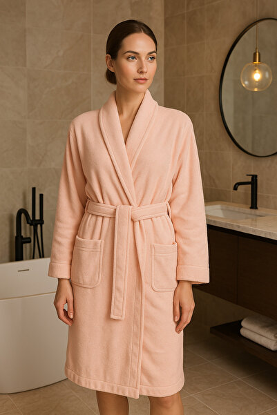 LaraLisa Collection Şal Yaka Çift Cepli %100 Pamuk Pembe Kadın Banyo Bornozu (Boyu 120 cm)