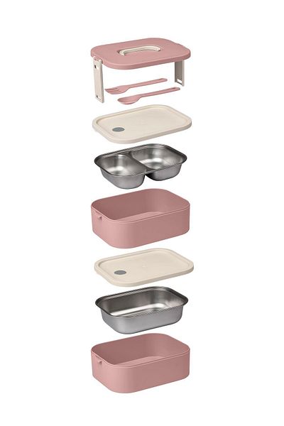 Okyanus Home Lunch Box with Stainless Steel Chamber 2 Layers Self Fork Spoon Lunch Box Pink